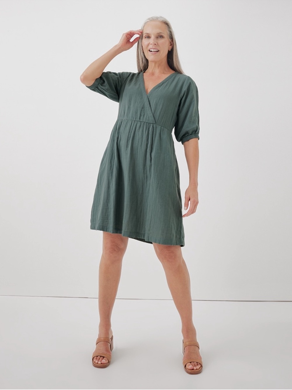 Pact Coastal Double Gauze Crossover Dress in a sage small